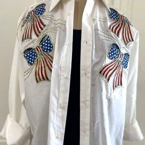 Womens USA Patriotic White Button-Up S / M US Flag Handcraft Vintage Y2K Western
